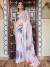 Banarasee Organza Silk Floral Printed Saree With Scallop Border-Cream