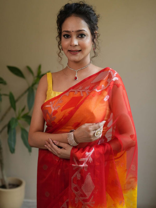 Banarasee Organza Saree With Gold Zari Jaal Design & Dual Color-Red & Yellow