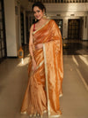 Banarasee Handwoven Mirror Work Crushed Tissue Saree With Border & Lace-Rust