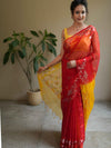 Banarasee Organza Saree With Gold Zari Jaal Design & Dual Color-Red & Yellow