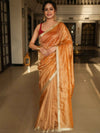 Banarasee Handwoven Mirror Work Crushed Tissue Saree With Border & Lace-Rust