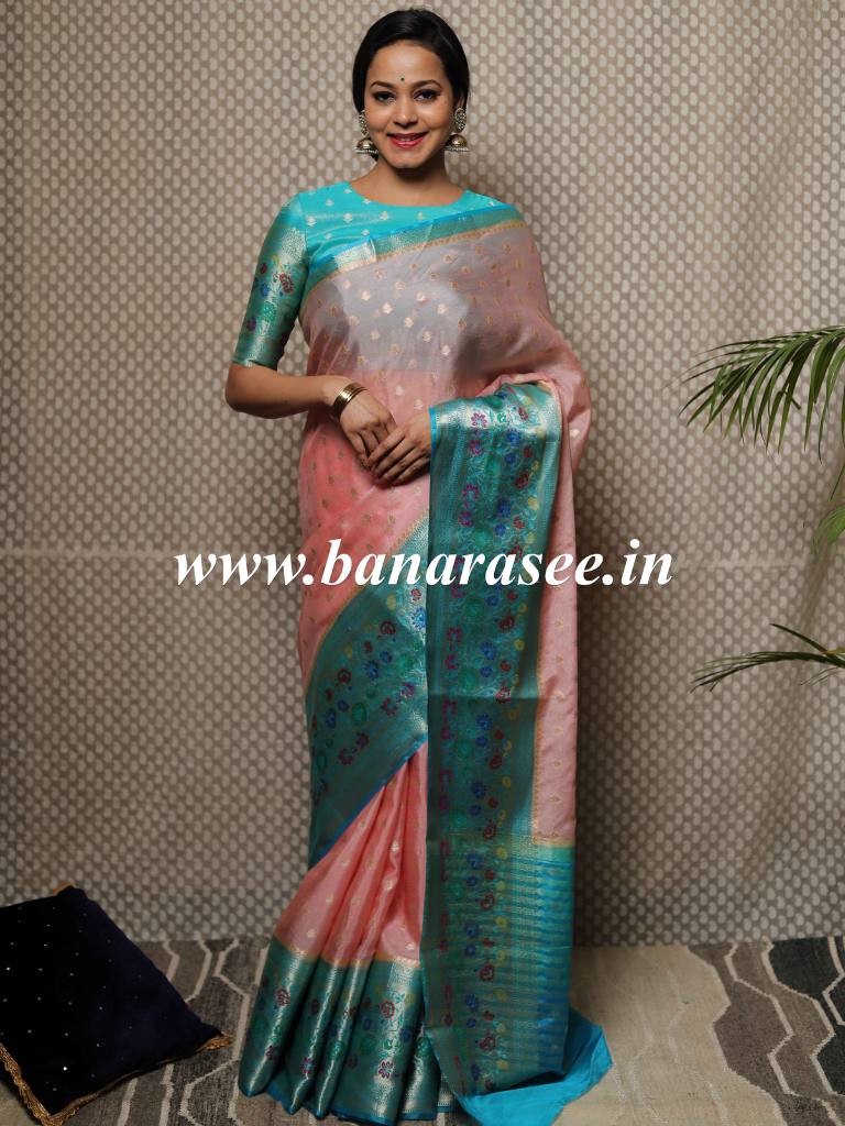 Banarasee Handwoven Semi Silk Saree With Meena Border Design-Peach & Green