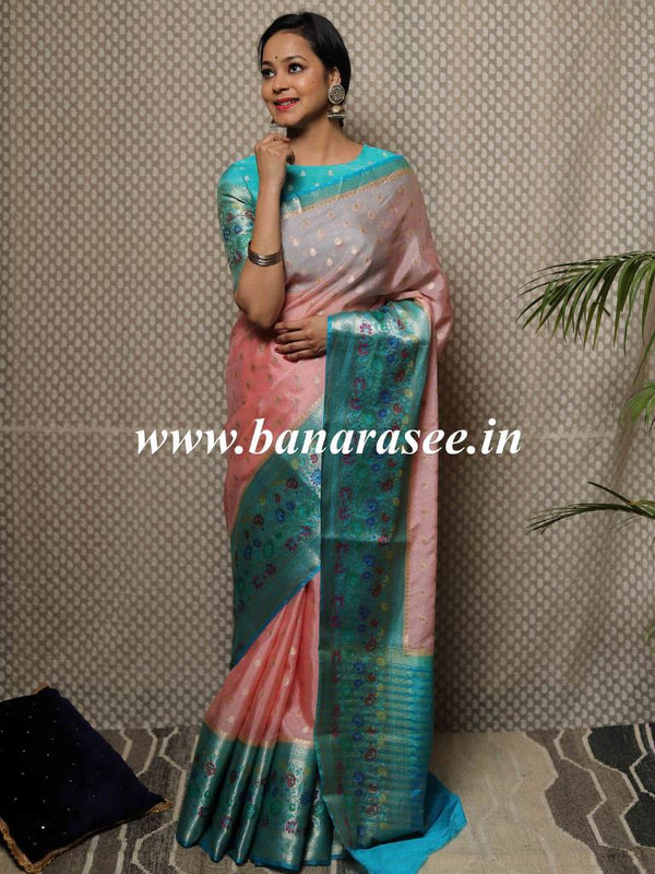 Banarasee Handwoven Semi Silk Saree With Meena Border Design-Peach & Green