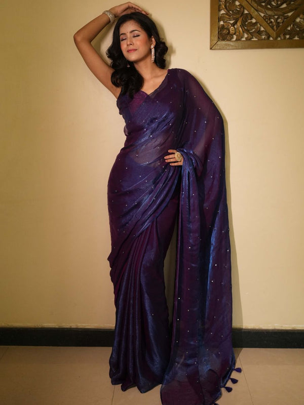Banarasee Dual Shaded Chiffon Saree With Mirror Work-Violet