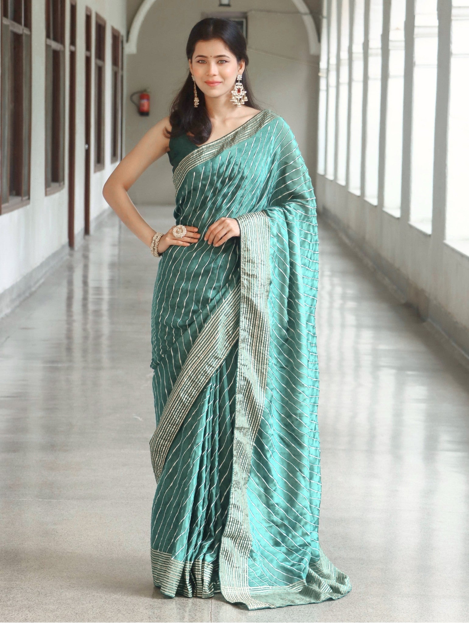 Banarasee Semi Silk Saree With Leheriya Design & Zari Border-Pastel Green