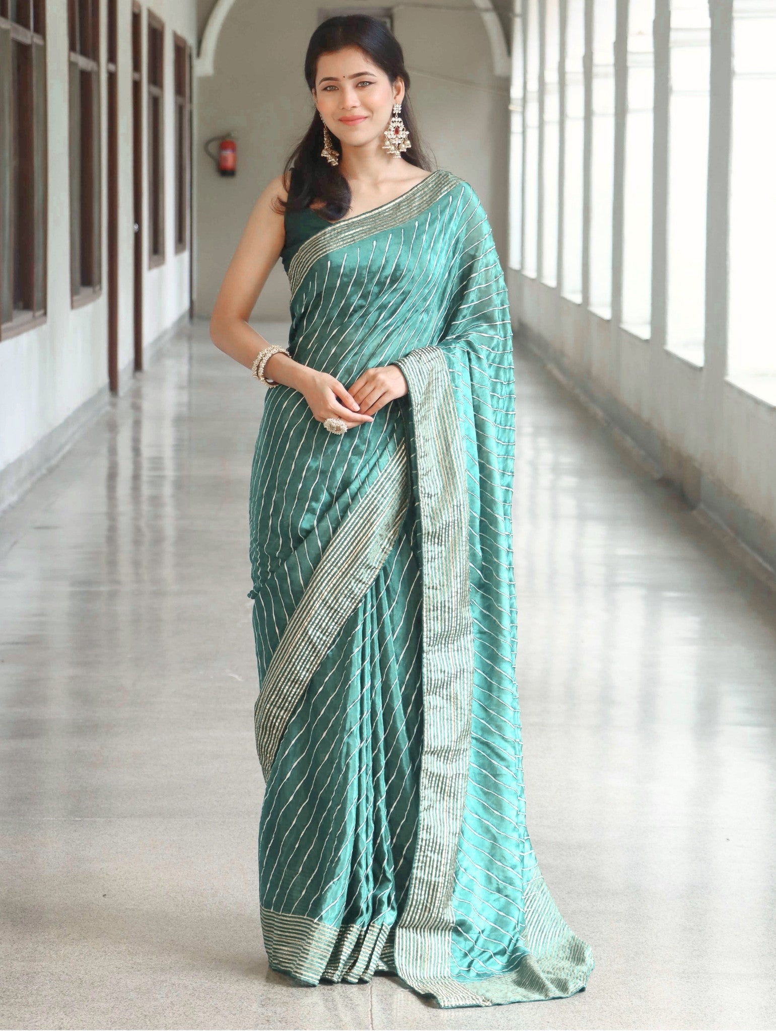 Banarasee Semi Silk Saree With Leheriya Design & Zari Border-Pastel Green