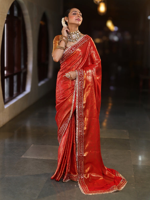Banarasee Handwoven Semi Silk (Saubhagyavati Bhava) Lace Saree-Red