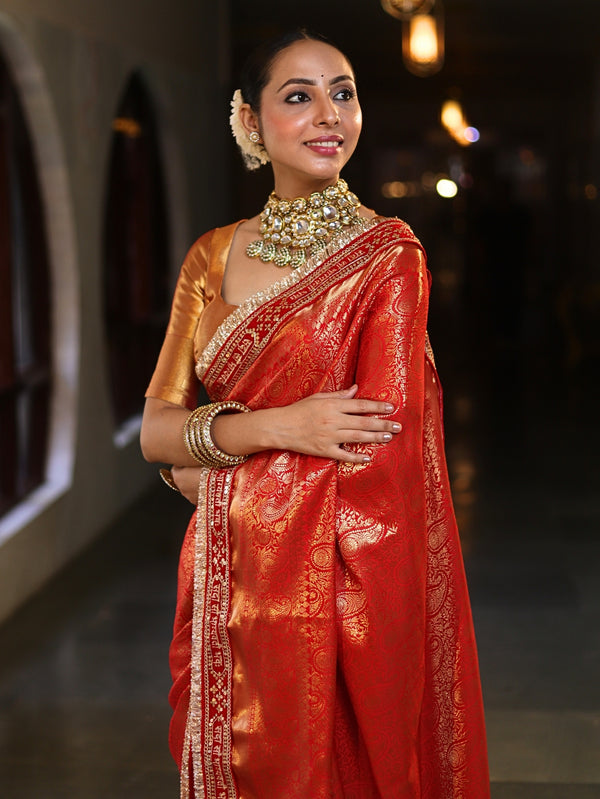 Banarasee Handwoven Semi Silk (Saubhagyavati Bhava) Lace Saree-Red