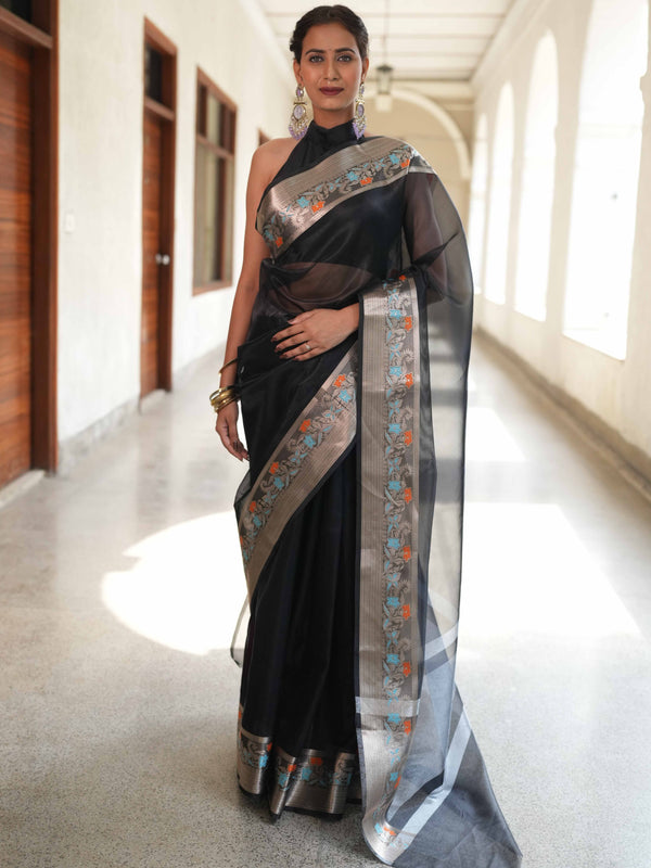 Banarasee Handwoven Plain Tissue Saree With Zari Broder-Black