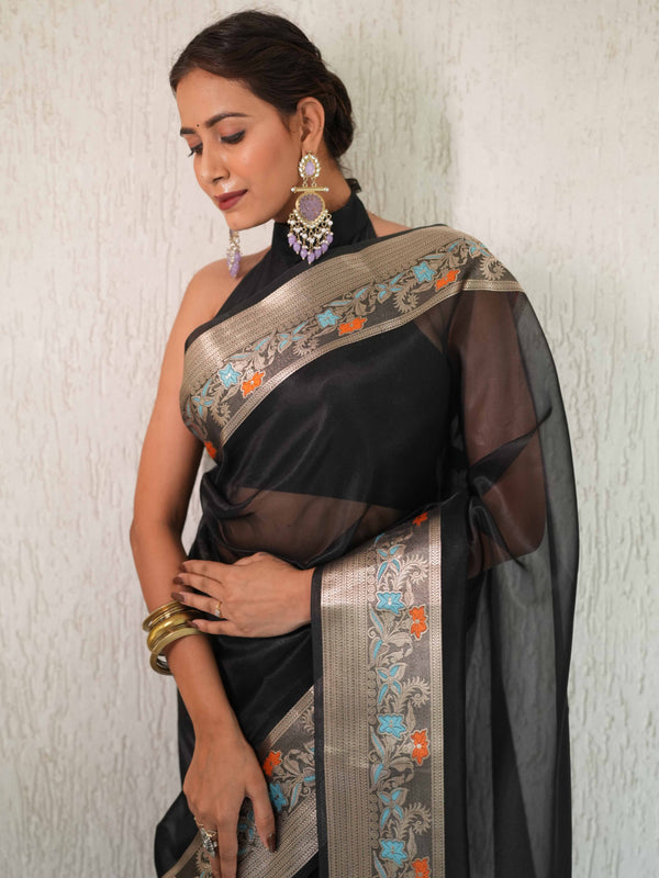 Banarasee Handwoven Plain Tissue Saree With Zari Broder-Black