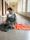 Bhagalpur Cotton Silk Ghichha Work Saree With Hand-Dyed Shibori Pattern-Green & Orange