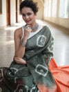 Bhagalpur Cotton Silk Ghichha Work Saree With Hand-Dyed Shibori Pattern-Green & Orange
