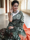 Bhagalpur Cotton Silk Ghichha Work Saree With Hand-Dyed Shibori Pattern-Green & Orange
