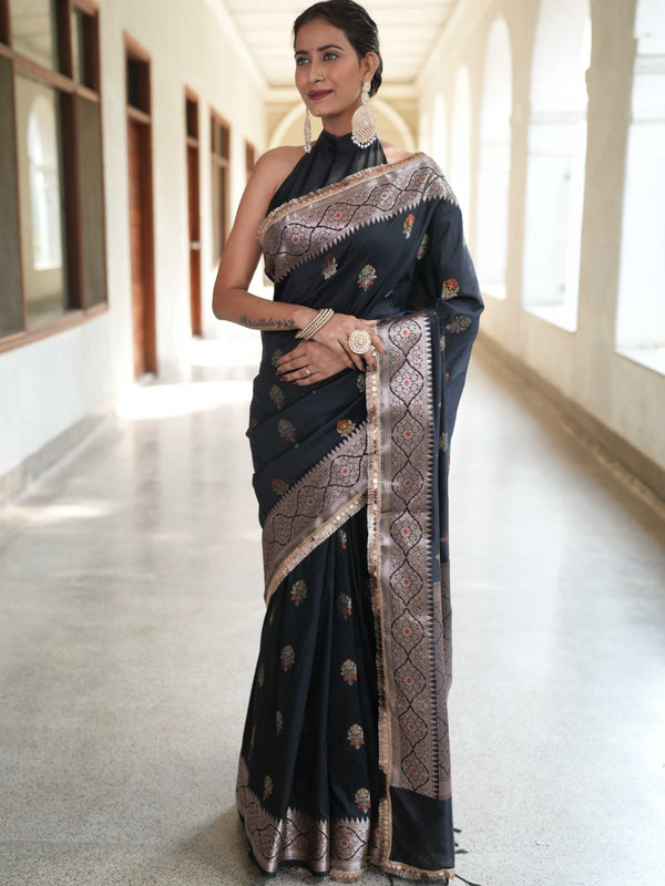 Banarasee Handwoven Semi Silk Saree With Zari Buti Design & Lace-Black