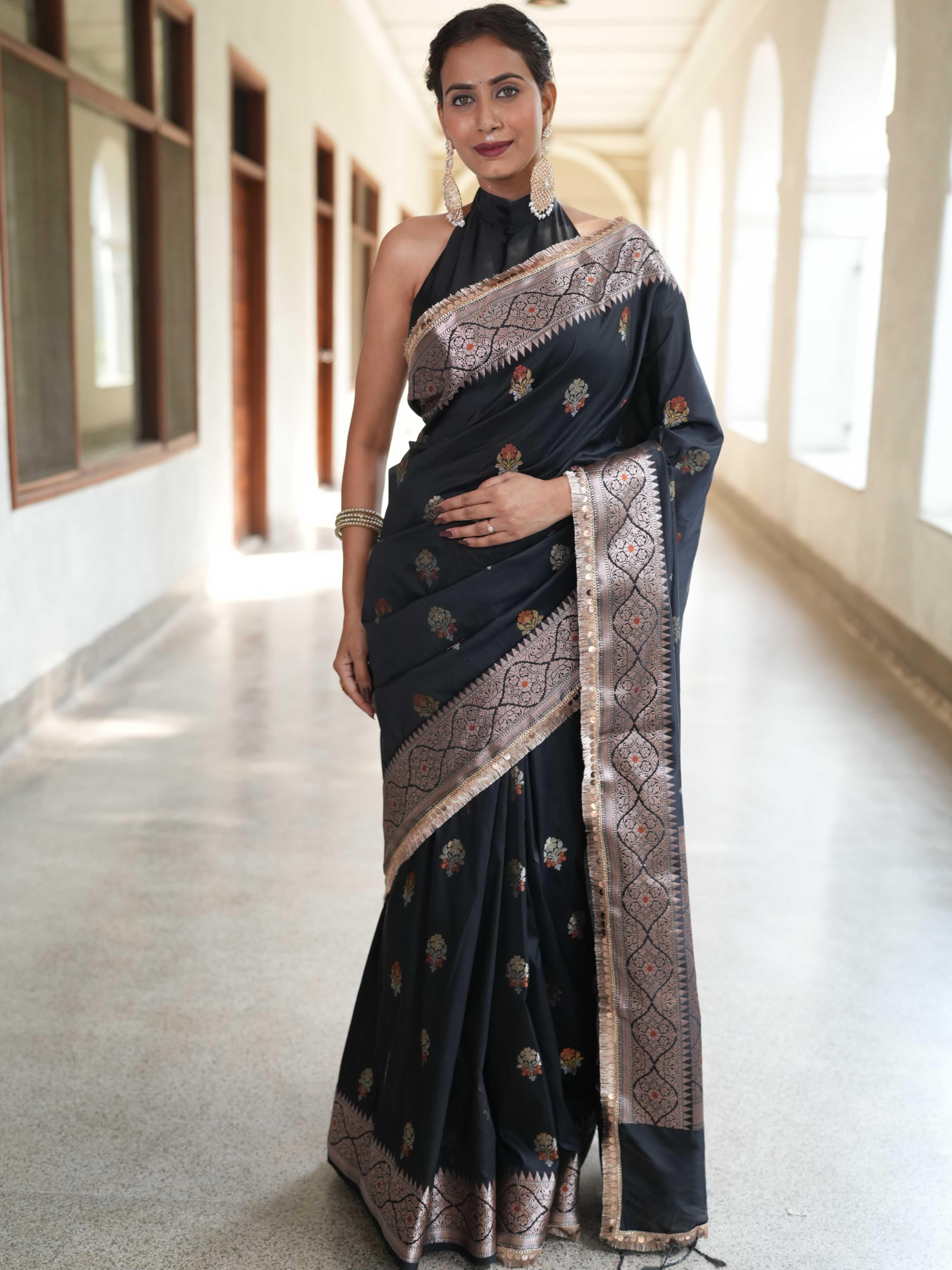 Banarasee Handwoven Semi Silk Saree With Zari Buti Design & Lace-Black