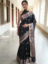 Banarasee Handwoven Semi Silk Saree With Zari Buti Design & Lace-Black