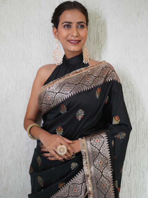 Banarasee Handwoven Semi Silk Saree With Zari Buti Design & Lace-Black