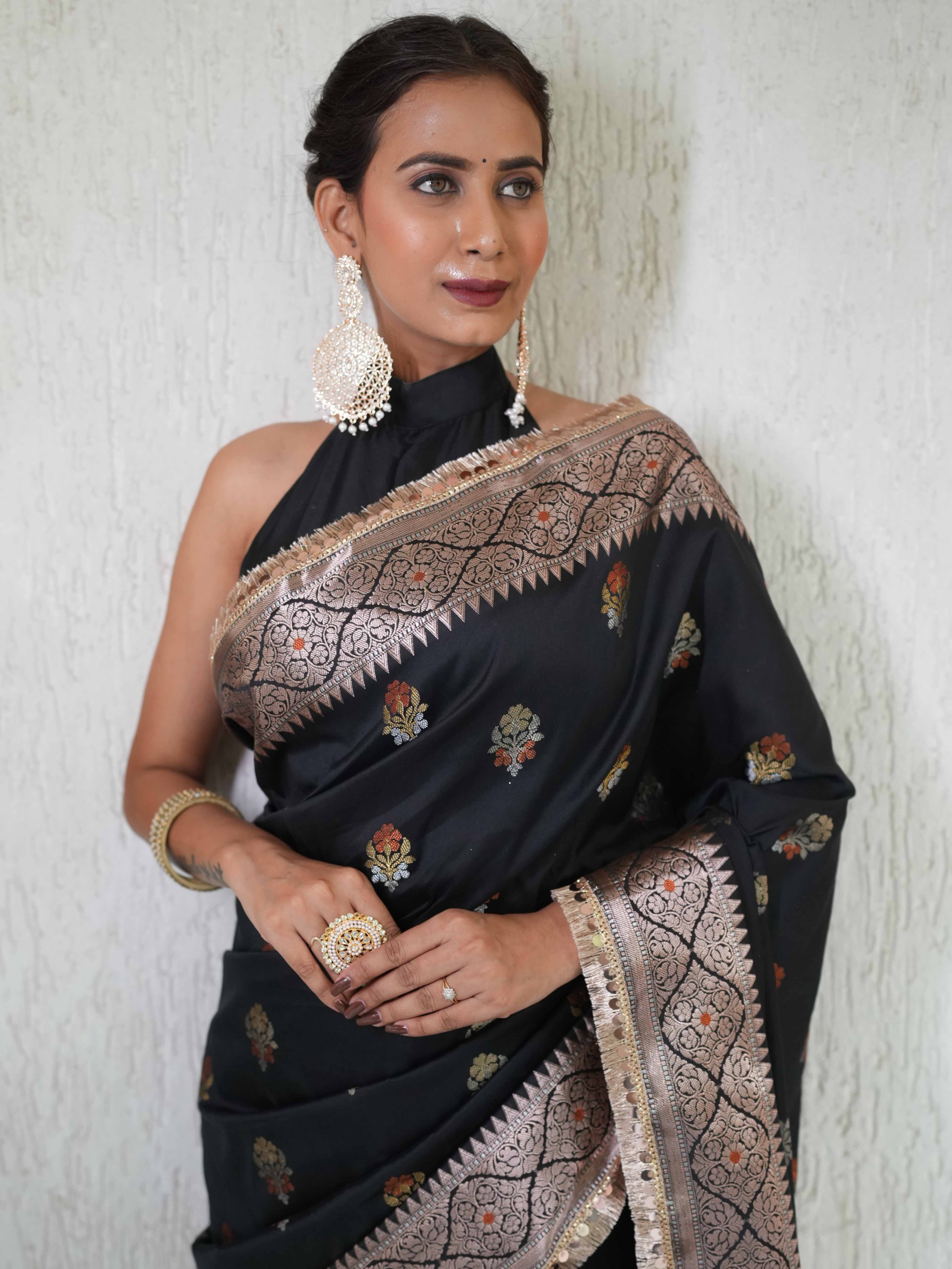 Banarasee Handwoven Semi Silk Saree With Zari Buti Design & Lace-Black