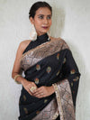 Banarasee Handwoven Semi Silk Saree With Zari Buti Design & Lace-Black