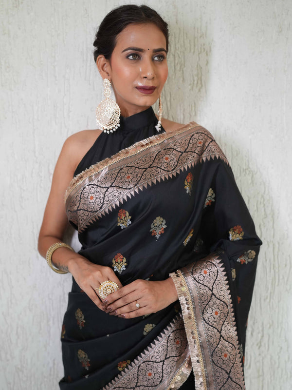 Banarasee Handwoven Semi Silk Saree With Zari Buti Design & Lace-Black