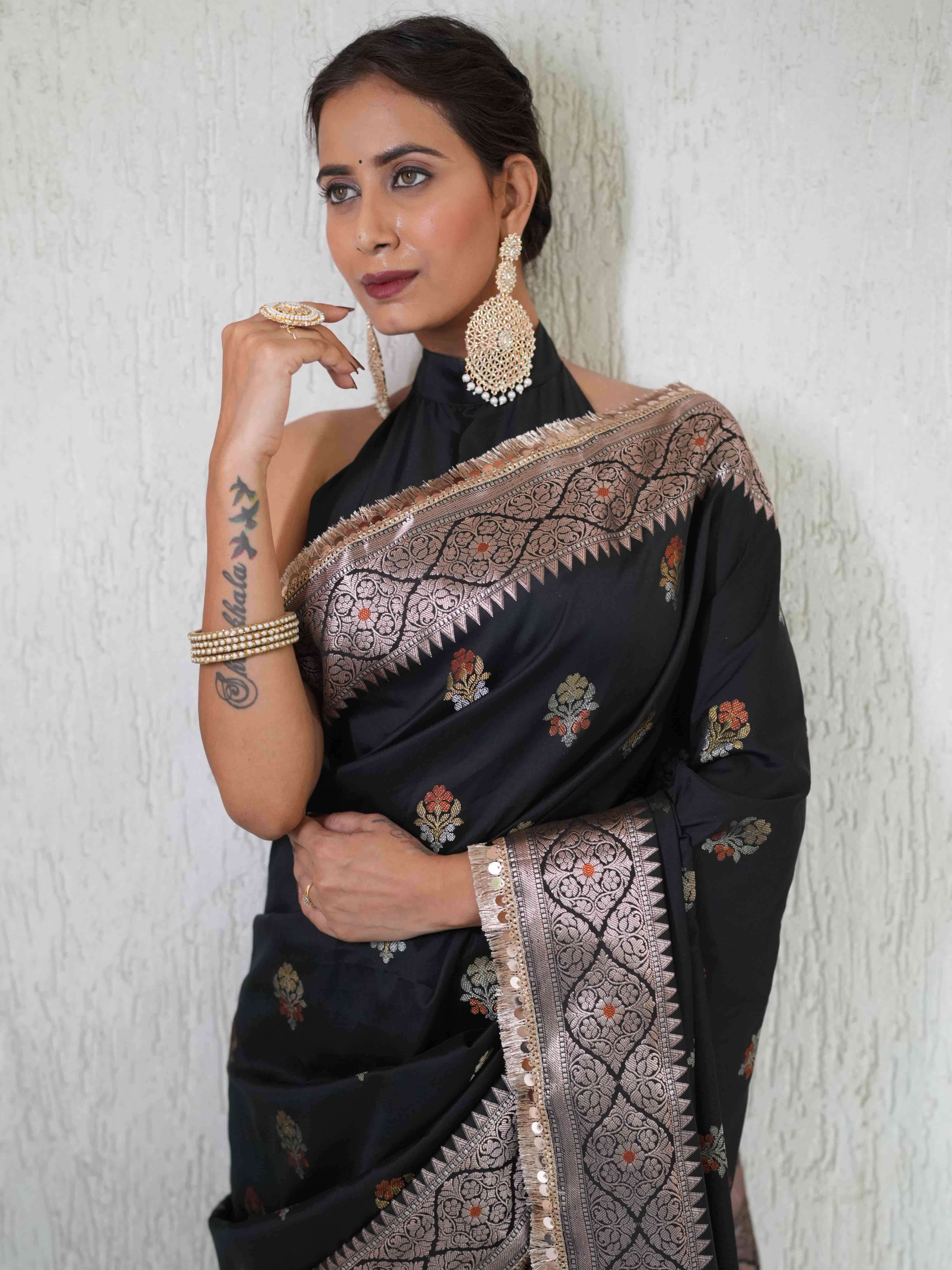 Banarasee Handwoven Semi Silk Saree With Zari Buti Design & Lace-Black