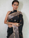 Banarasee Handwoven Semi Silk Saree With Zari Buti Design & Lace-Black