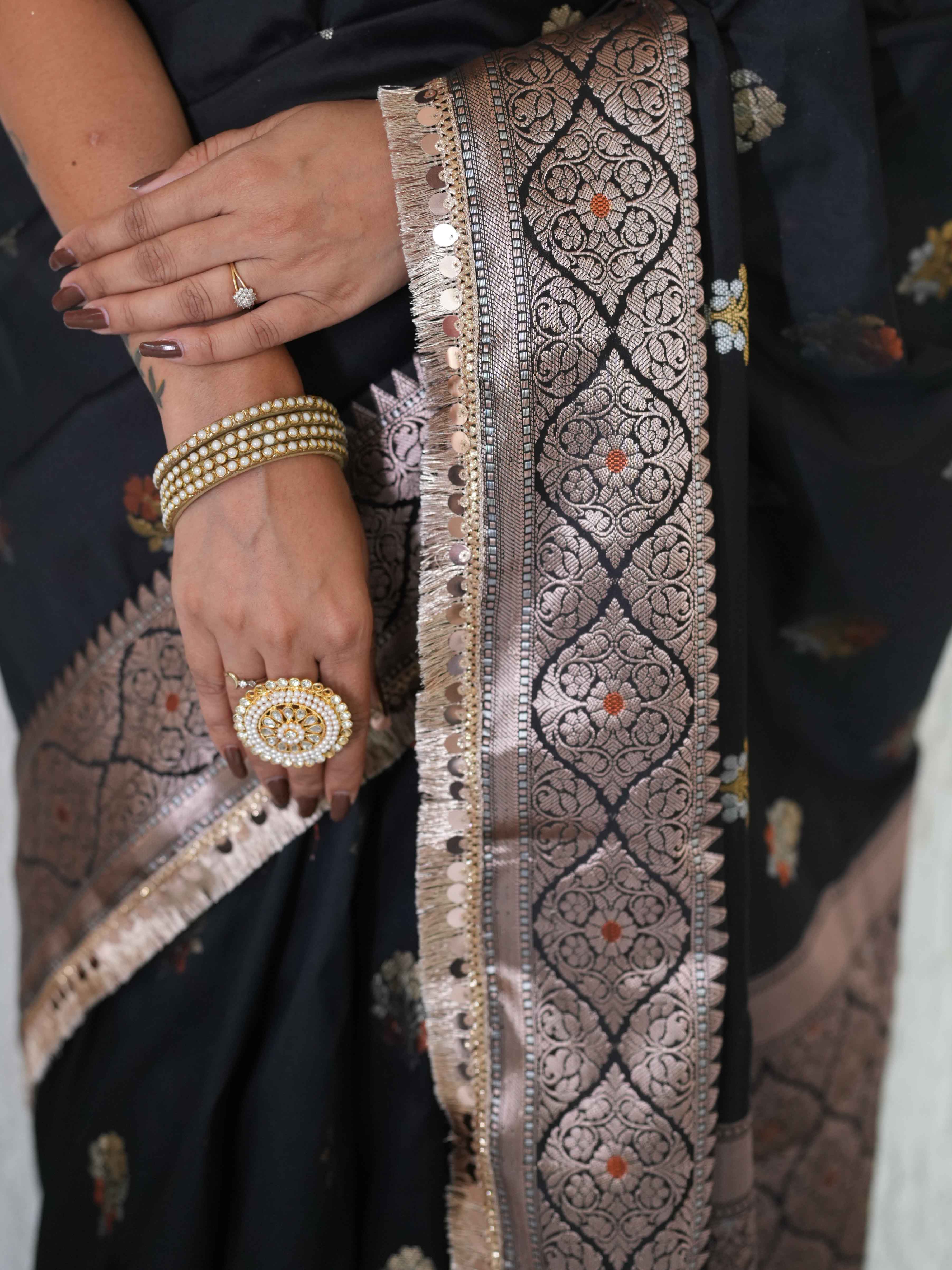 Banarasee Handwoven Semi Silk Saree With Zari Buti Design & Lace-Black