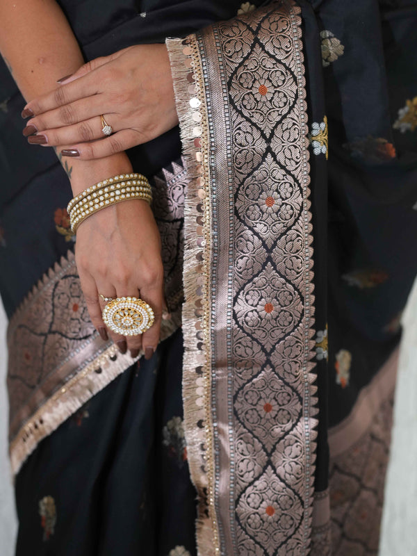 Banarasee Handwoven Semi Silk Saree With Zari Buti Design & Lace-Black