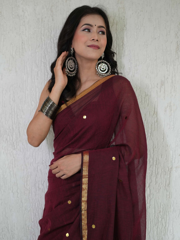 Handloom Mul Cotton Saree With Mirror Work Gold Zari Border-Maroon