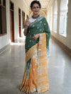 Bhagalpur Linen Cotton Saree With Hand Shibori Dyed-Green & Yellow