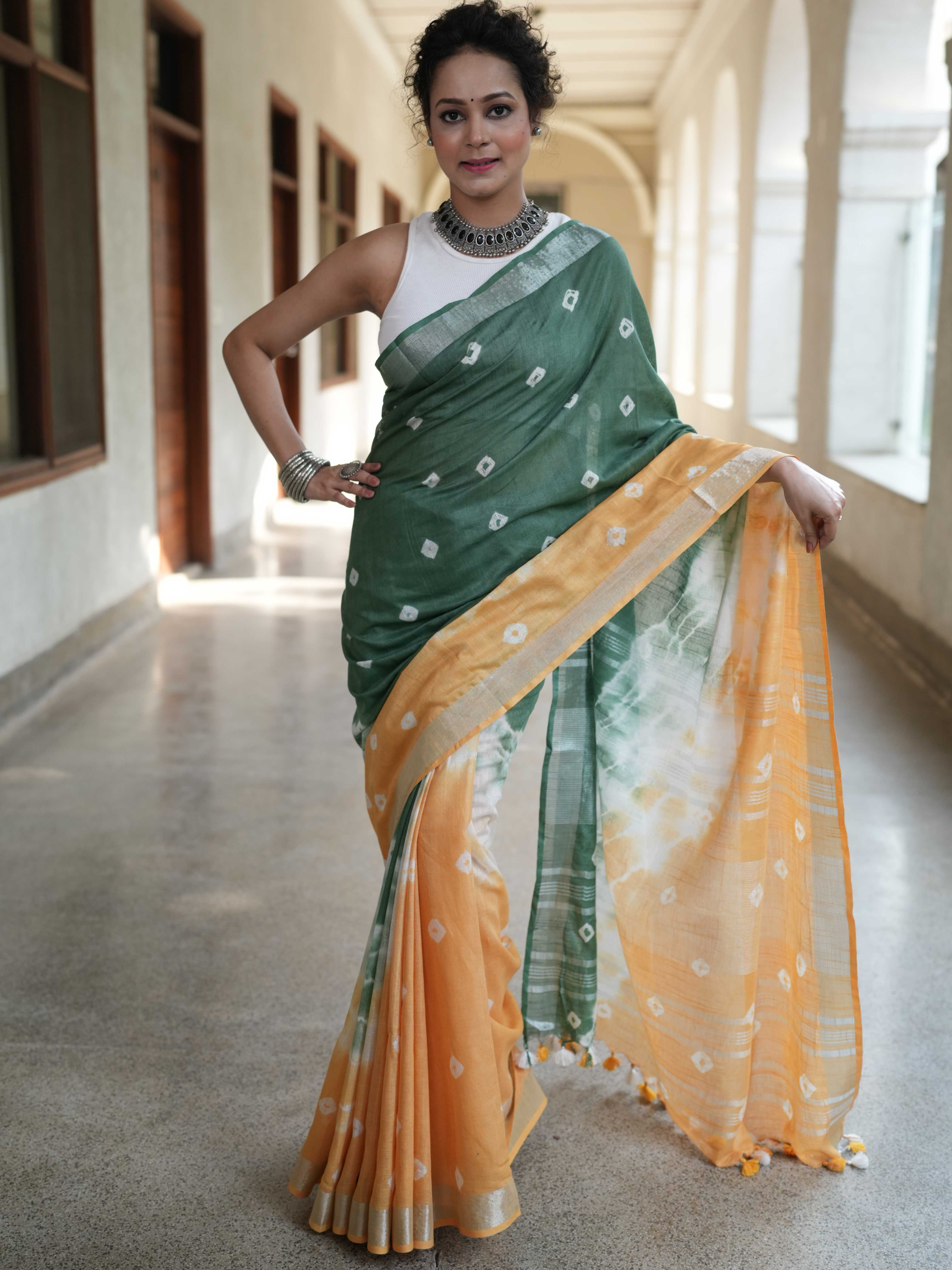 Bhagalpur Linen Cotton Saree With Hand Shibori Dyed-Green & Yellow