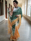 Bhagalpur Linen Cotton Saree With Hand Shibori Dyed-Green & Yellow