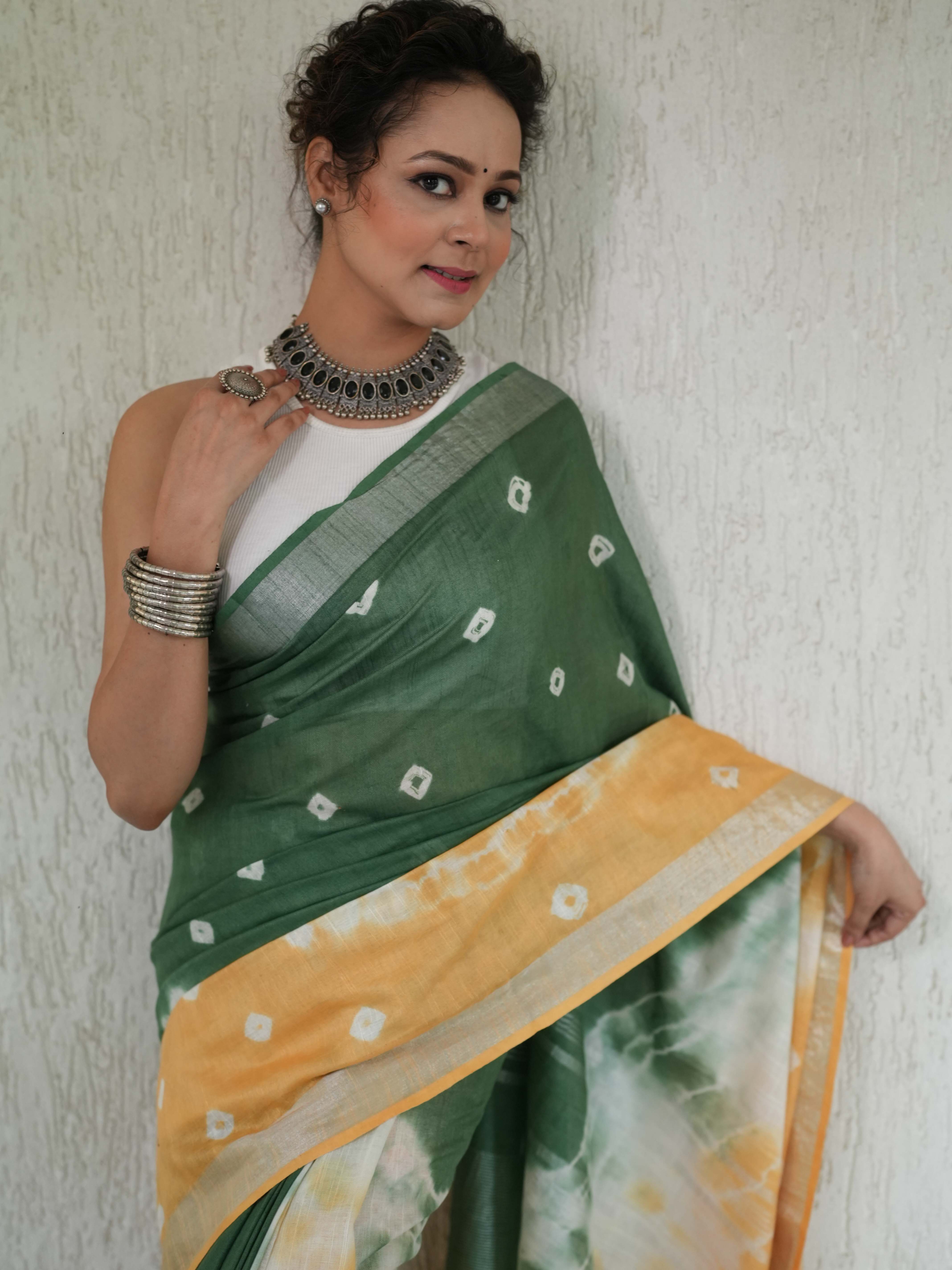 Bhagalpur Linen Cotton Saree With Hand Shibori Dyed-Green & Yellow