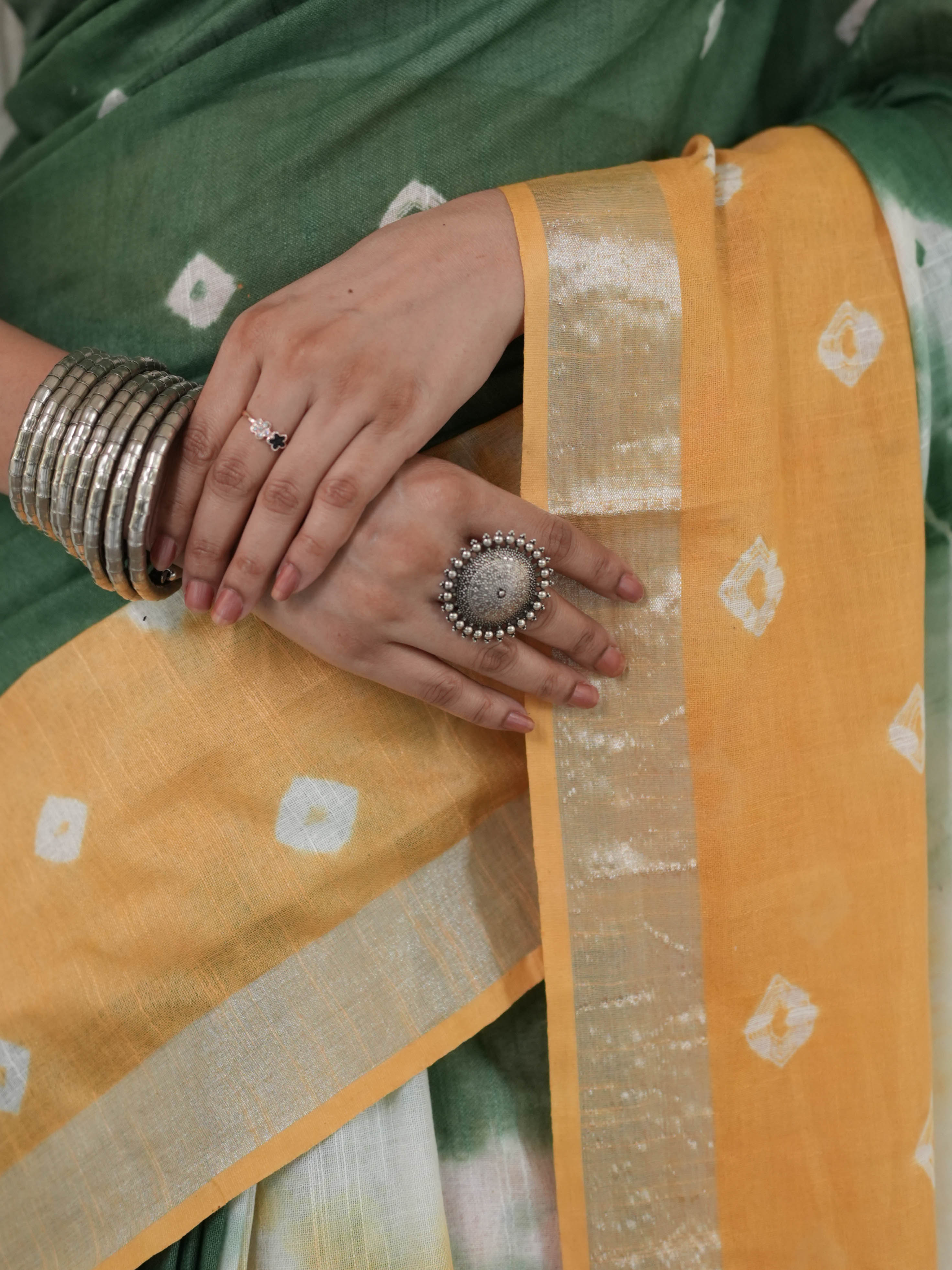 Bhagalpur Linen Cotton Saree With Hand Shibori Dyed-Green & Yellow