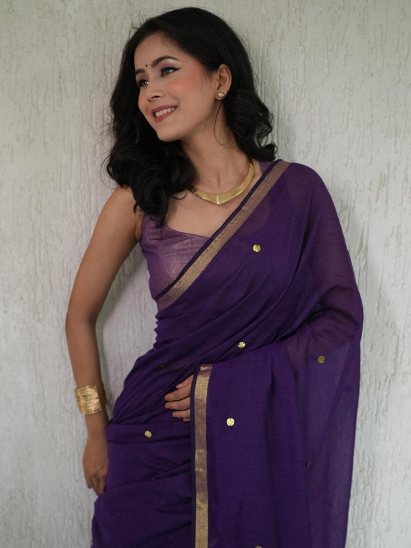 Handloom Mul Cotton Saree With Mirror Work Gold Zari Border-Violet