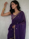 Handloom Mul Cotton Saree With Mirror Work Gold Zari Border-Violet