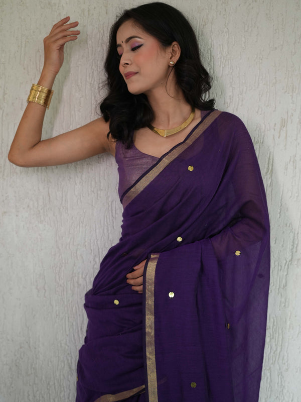 Handloom Mul Cotton Saree With Mirror Work Gold Zari Border-Violet