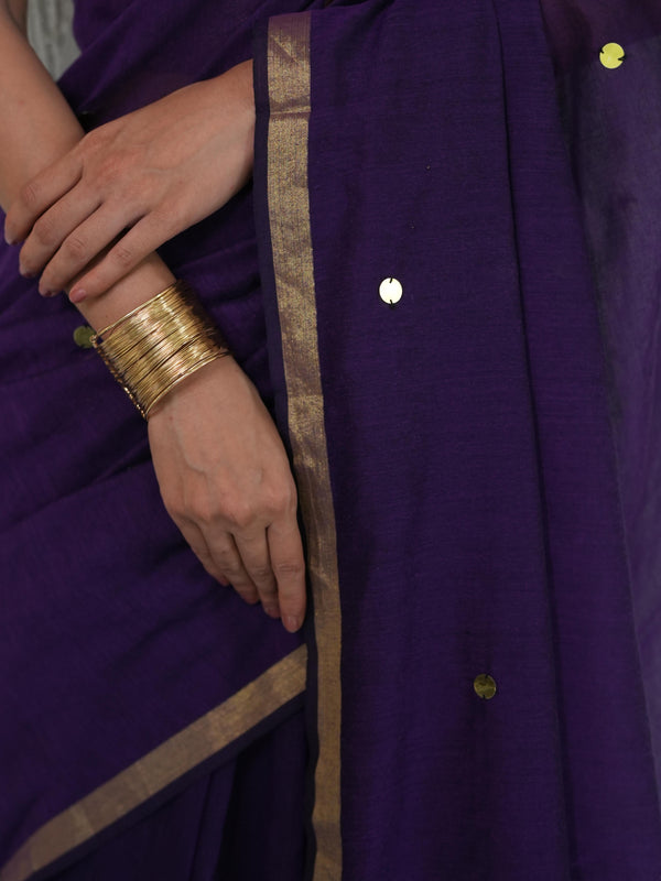 Handloom Mul Cotton Saree With Mirror Work Gold Zari Border-Violet