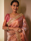 Banarasee Handwoven Tissue Zari Jaal Design Saree With Broder & Lace-Pink