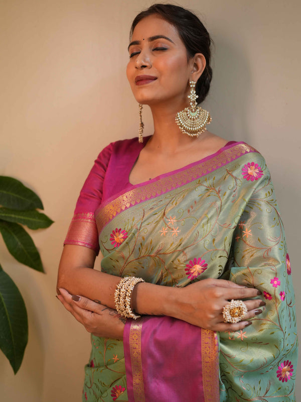 Banarasee Handwoven Broad Border Tissue Saree With Embroidered Design-Green & Pink