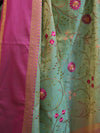 Banarasee Handwoven Broad Border Tissue Saree With Embroidered Design-Green & Pink