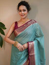 Banarasee Georgette Plain Saree With Contrast Zari Border-Green & Maroon