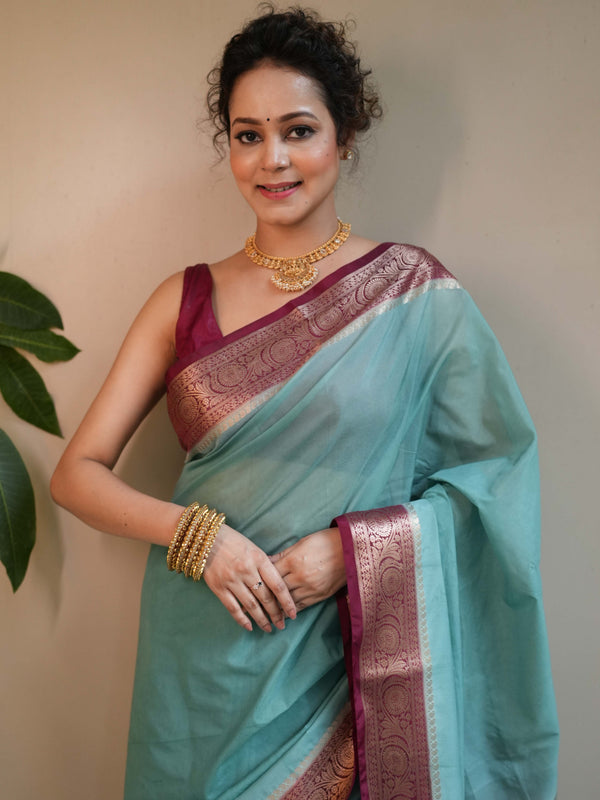 Banarasee Georgette Plain Saree With Contrast Zari Border-Green & Maroon