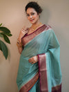 Banarasee Georgette Plain Saree With Contrast Zari Border-Green & Maroon