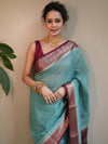 Banarasee Georgette Plain Saree With Contrast Zari Border-Green & Maroon