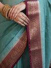 Banarasee Georgette Plain Saree With Contrast Zari Border-Green & Maroon
