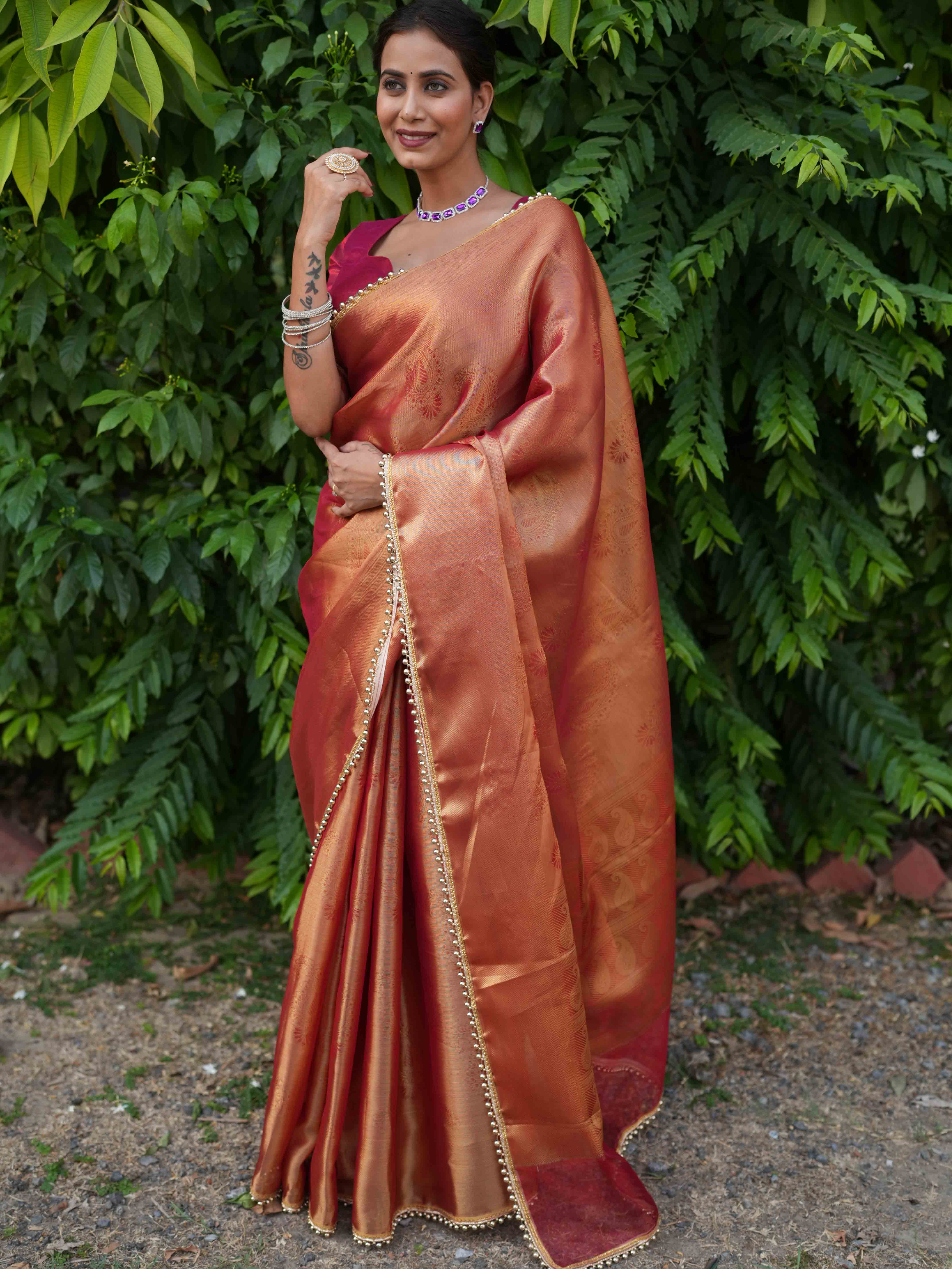 Banarasee Handwoven Tissue Zari Jaal Design Saree With Broder & Lace-Red
