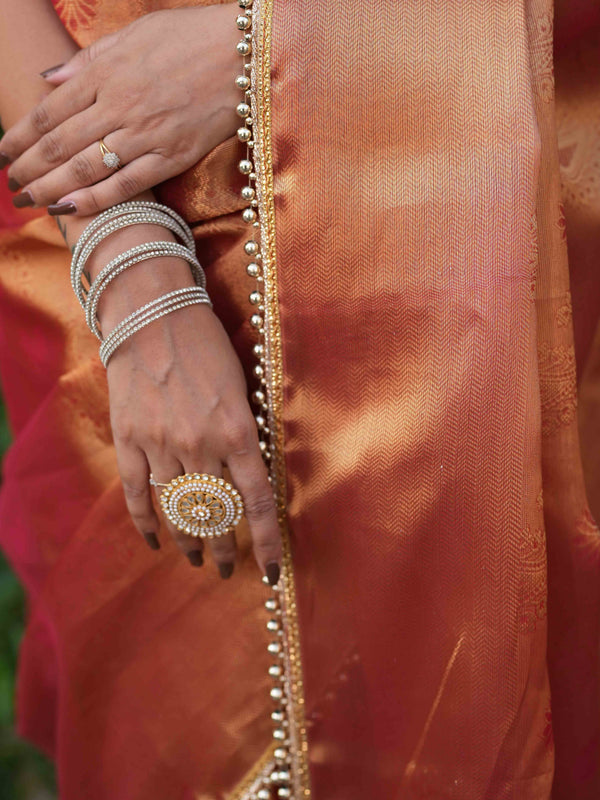 Banarasee Handwoven Tissue Zari Jaal Design Saree With Broder & Lace-Red