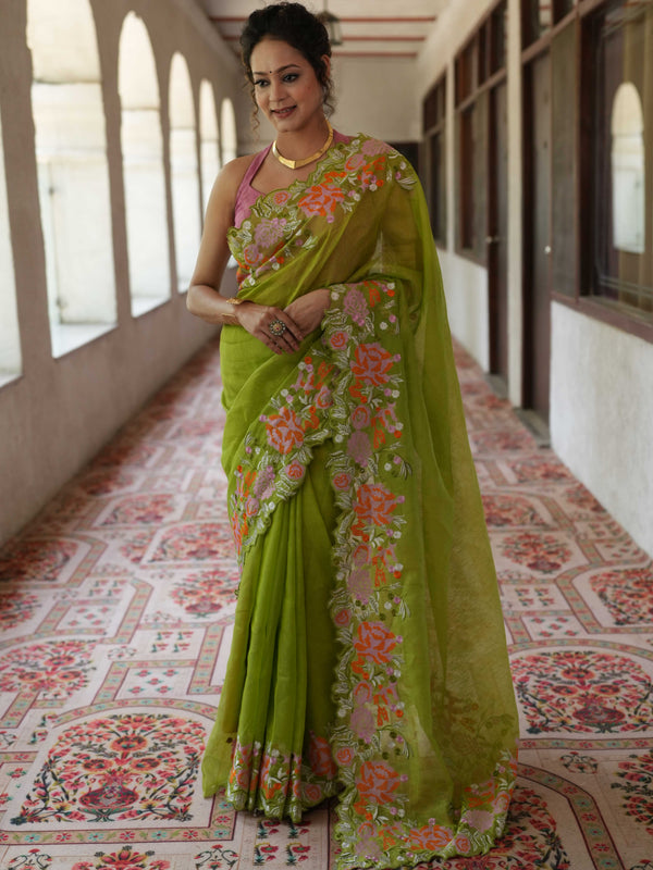 Bhagalpur Handloom Pure Linen Cotton Saree With Embroidery-Light Green