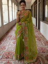 Bhagalpur Handloom Pure Linen Cotton Saree With Embroidery-Light Green